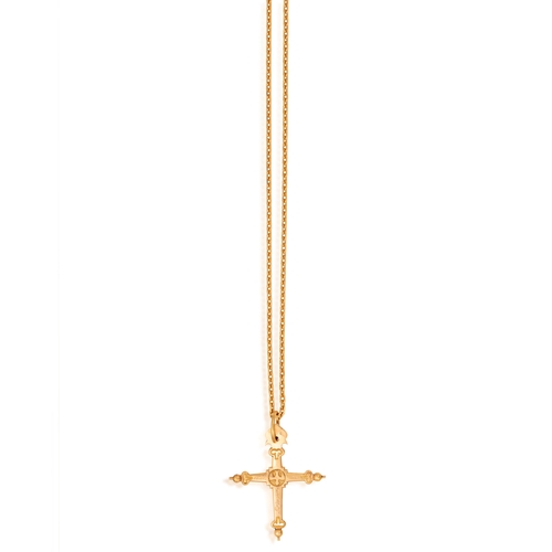 101 - A GOLD PENDANT ON CHAIN  The cross pendant with engraving and beading detailing, with suspension loo... 
