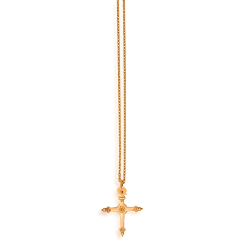 101 - A GOLD PENDANT ON CHAIN  The cross pendant with engraving and beading detailing, with suspension loo... 