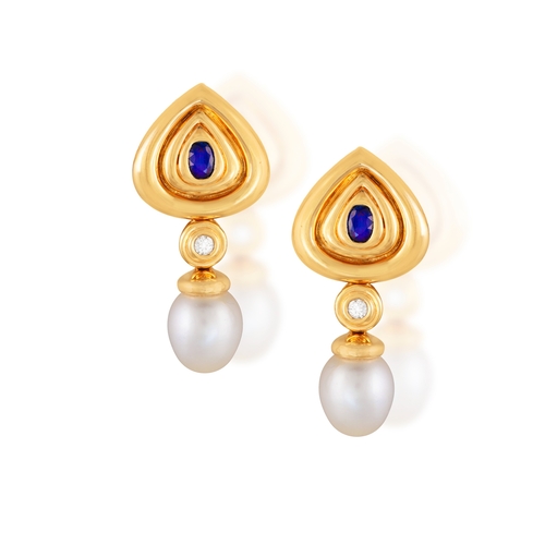 102 - A PAIR OF CULTURED PEARL, SAPPHIRE AND DIAMOND PENDENT EARRINGS  Each polished triangular-shaped mou... 