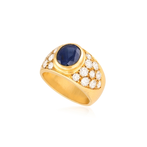 107 - A SAPPHIRE AND DIAMOND DRESS RING  The oval-shaped sapphire centrally set within collet setting, wit... 