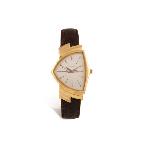 110 - HAMILTON: A GILT AND STAINLESS STEEL QUARTZ WRISTWATCH  Quartz movement, the fancy-shaped silver dia... 