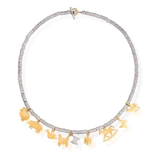 118 - DODO: A DIAMOND, SILVER AND GOLD 'GRANELLI' CHARM NECKLACE  The cable-link necklace set with texture... 