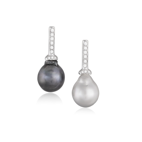 69 - A PAIR OF CULTURED PEARL AND DIAMOND PENDENT EARRINGS  Each suspending a drop-shaped baroque culture... 