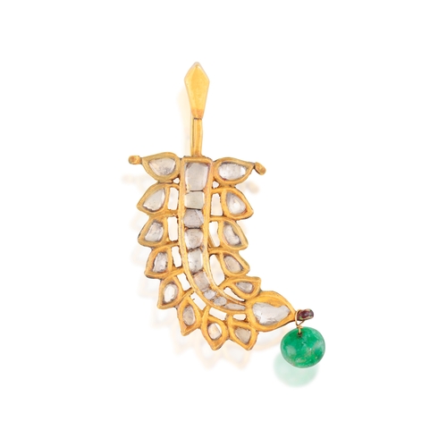 88 - AN INDIAN EMERALD, ENAMEL AND DIAMOND PENDANT  The pendant of openwork foliate design, set with foil... 