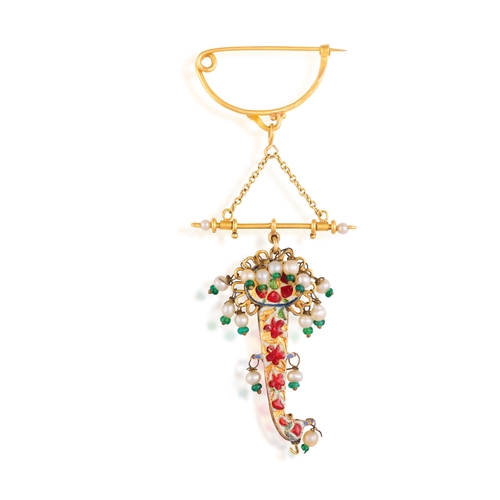 89 - AN INDIAN SEED PEARL, ENAMEL, DIAMOND AND STONE PENDANT BROOCH/ORNAMENT  The fancy-shaped pendant se... 