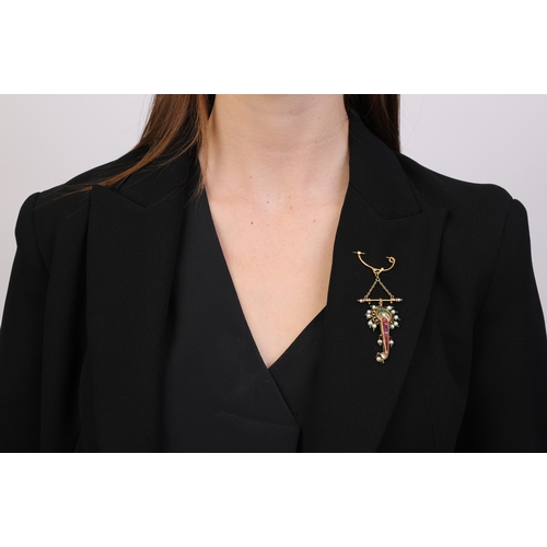 89 - AN INDIAN SEED PEARL, ENAMEL, DIAMOND AND STONE PENDANT BROOCH/ORNAMENT  The fancy-shaped pendant se... 