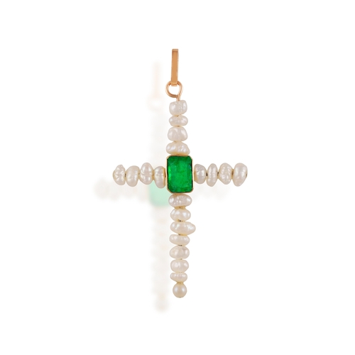90 - A FRESHWATER CULTURED PEARL AND EMERALD CROSS PENDANT  The cross set with freshwater cultured pearls... 