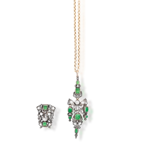 92 - A EARLY 19TH CENTURY CATALAN EMERALD AND DIAMOND PENDANT NECKLACE AND BROOCH EN SUITE  The pendant o... 