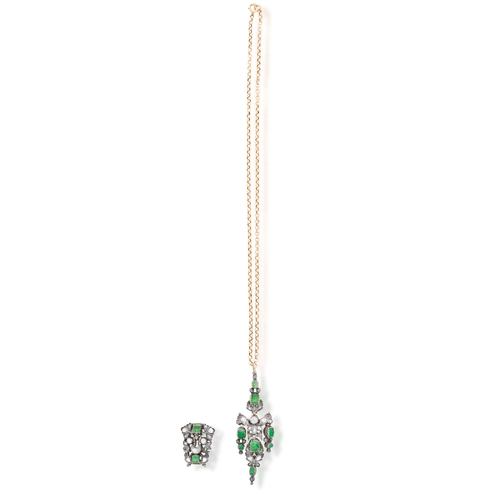 92 - A EARLY 19TH CENTURY CATALAN EMERALD AND DIAMOND PENDANT NECKLACE AND BROOCH EN SUITE  The pendant o... 