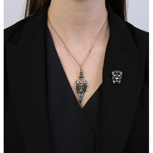 92 - A EARLY 19TH CENTURY CATALAN EMERALD AND DIAMOND PENDANT NECKLACE AND BROOCH EN SUITE  The pendant o... 