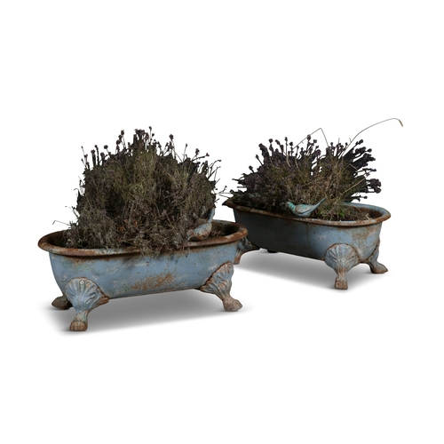 301 - A PAIR OF VICTORIAN CAST IRON PLANTERS,   in the form of miniature troughs, painted light blue, rais... 