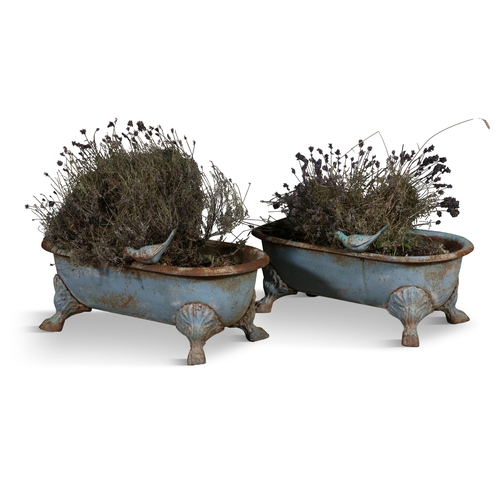 301 - A PAIR OF VICTORIAN CAST IRON PLANTERS,   in the form of miniature troughs, painted light blue, rais... 