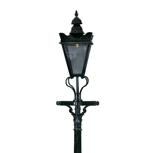 304 - A PAIR OF LARGE VICTORIAN BLACK PAINTED STREET LAMPS,  each with heavy fluted centre column, surmoun... 