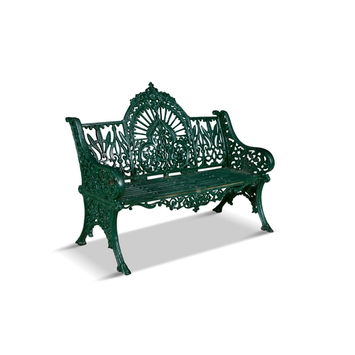 315 - AN IRISH VICTORIAN GREEN PAINTED CAST IRON GARDEN BENCH BY PIERCE OF WEXFORD,   the open gallery bac... 