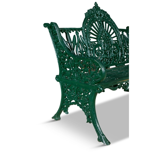 315 - AN IRISH VICTORIAN GREEN PAINTED CAST IRON GARDEN BENCH BY PIERCE OF WEXFORD,   the open gallery bac... 