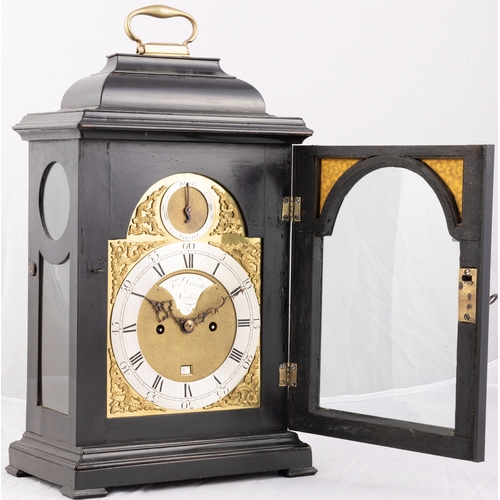 317 - A GEORGE III EBONISED BRACKET CLOCK BY FRANCIS DORRELL LONDON CIRCA 1770  the dome-top case with bra... 