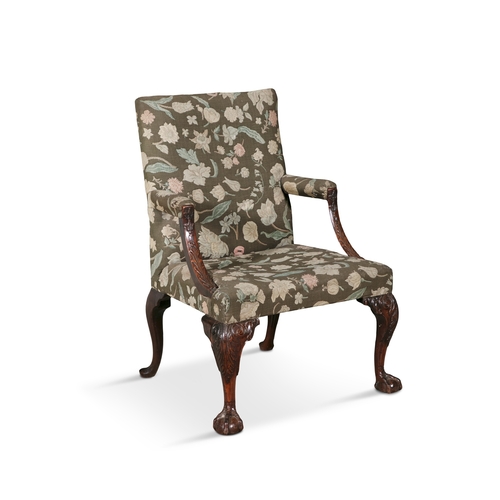 323 - A GEORGE III MAHOGANY GAINSBOROUGH OPEN ARMCHAIR,   the rectangular padded back, seat and armrests, ... 