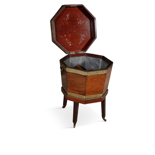 326 - A MAHOGANY BRASS BOUND CELLARETTE ON STAND 19TH CENTURY   of hexagonal form, the hinged lid opening ... 