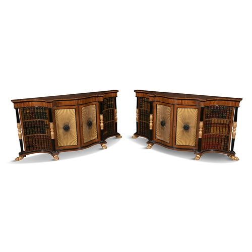 331 - A PAIR OF EDWARDIAN SATINWOOD SIDE CABINETS OF REGENCY STYLE  the bowfront twin doors with cloth bac... 