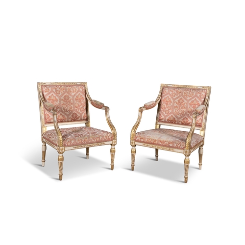 334 - A SET OF FOUR GEORGE III CREAM AND PARCEL GILT OPEN ARMCHAIRS CIRCA 1780,    each rectangular back a... 