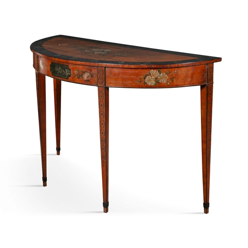 351 - AN IRISH GEORGE III PAINTED SATINWOOD DEMI LUNE SIDE TABLE,  the shaped top painted with a group of ... 