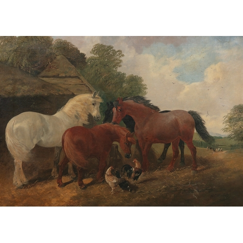 352 - HENRY CHARLES WOLLETT (CIRCA 1826-1893) Farmyard Horses with Domestic Fowl Signed Oil on canvas, 41.... 