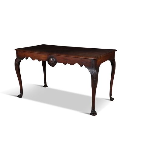 353 - AN 18TH CENTURY IRISH MAHOGANY SIDE TABLE,  the rectangular top with moulded rim, above plain shaped... 