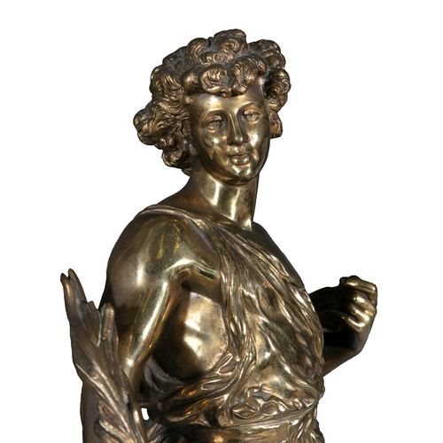 359 - AFTER AUGUSTE MOREAU (FRENCH, 1834 -1917) A pair of gilt brass figures on marble bases, 62cm high