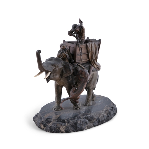 360 - A COLD-PAINTED GILT BRONZE MODEL, depicting an elephant being attacked by a tiger, on Sienna marble ... 