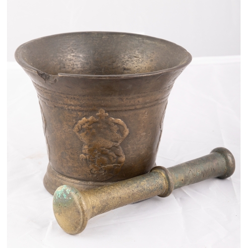 365 - AN ENGLISH BRONZE 'TUDOR ROSE' MORTAR, MID-17TH CENTURY,   of flared circular form cast to each side... 