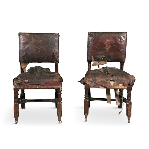 367 - ORDER OF SAINT PATRICK A PAIR OF GOTHIC REVIVAL OAK AND RED LEATHER SIDE CHAIRS IN THE MANNER OF PUG... 