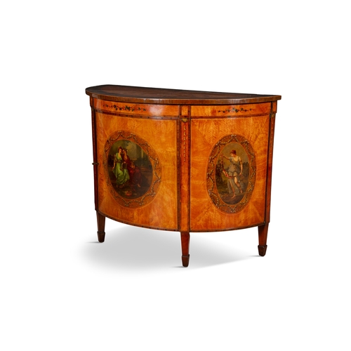 371 - A GEORGE III STYLE SATINWOOD, ROSEWOOD AND POLYCHROME DECORATED DEMI-LUNE COMMODE,   19th century, t... 