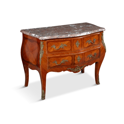 375 - A FRENCH KINGWOOD, MARQUETRY BOMBE COMMODE 19TH CENTURY,   with rouge marble top above two long draw... 