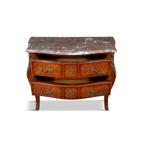 375 - A FRENCH KINGWOOD, MARQUETRY BOMBE COMMODE 19TH CENTURY,   with rouge marble top above two long draw... 