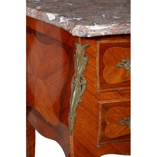 375 - A FRENCH KINGWOOD, MARQUETRY BOMBE COMMODE 19TH CENTURY,   with rouge marble top above two long draw... 