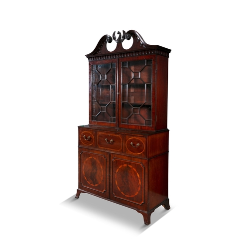 378 - AN IRISH GEORGE III INLAID MAHOGANY LARGE SECRETAIRE BOOKCASE,   with broken pediment and scroll ros... 