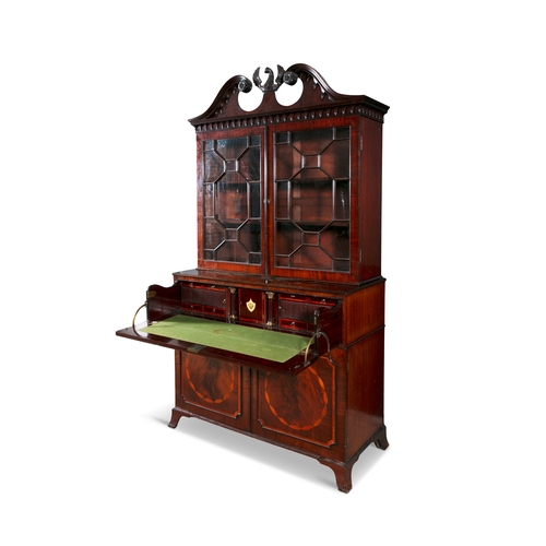 378 - AN IRISH GEORGE III INLAID MAHOGANY LARGE SECRETAIRE BOOKCASE,   with broken pediment and scroll ros... 