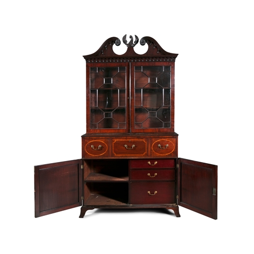 378 - AN IRISH GEORGE III INLAID MAHOGANY LARGE SECRETAIRE BOOKCASE,   with broken pediment and scroll ros... 