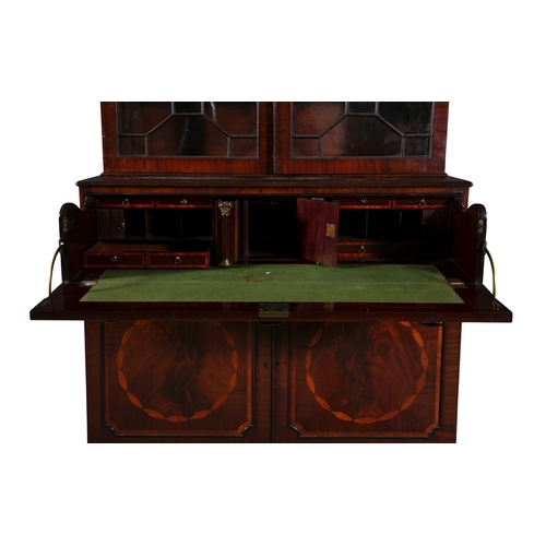 378 - AN IRISH GEORGE III INLAID MAHOGANY LARGE SECRETAIRE BOOKCASE,   with broken pediment and scroll ros... 