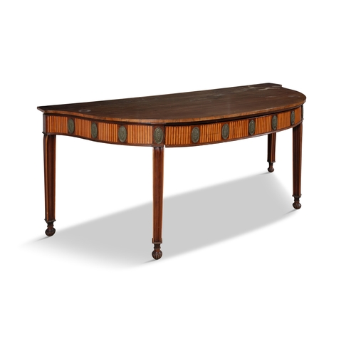 381 - A SHERATON STYLE INLAID MAHOGANY LARGE BOWFRONT SIDE TABLE 19TH CENTURY,   above a frieze with inlai... 