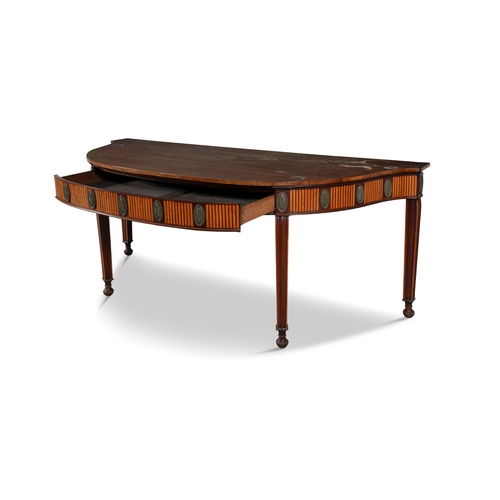 381 - A SHERATON STYLE INLAID MAHOGANY LARGE BOWFRONT SIDE TABLE 19TH CENTURY,   above a frieze with inlai... 