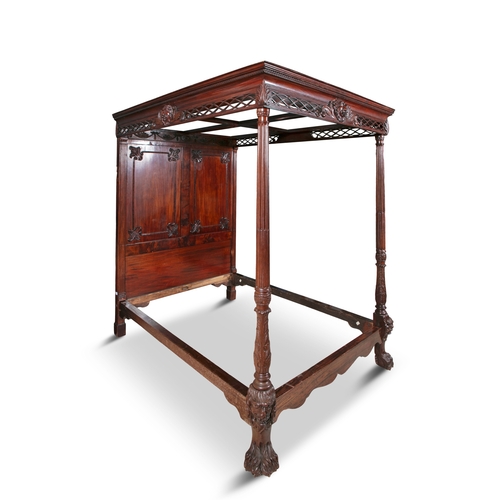 395 - AN IRISH CARVED MAHOGANY FOUR-POSTER BED 18/19TH CENTURY,   the rectangular moulded cornice carved t... 