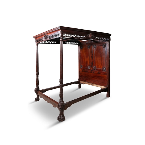 395 - AN IRISH CARVED MAHOGANY FOUR-POSTER BED 18/19TH CENTURY,   the rectangular moulded cornice carved t... 