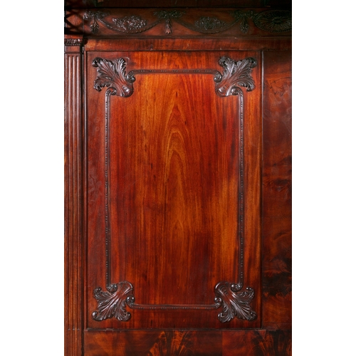 395 - AN IRISH CARVED MAHOGANY FOUR-POSTER BED 18/19TH CENTURY,   the rectangular moulded cornice carved t... 