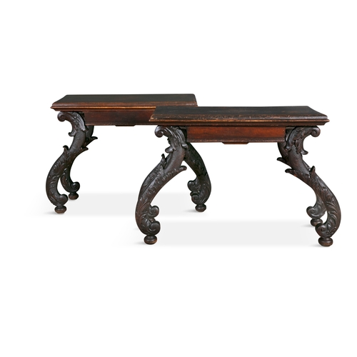 395A - A PAIR OF 17TH CENTURY STYLE CARVED STAINED WOOD SIDE TABLES,  the rectangular tops with moulded rim... 