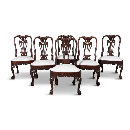 396A - A SET OF SIX GEORGE I MAHOGANY DINING CHAIRS POSSIBLY IRISH,  the slightly swept backs with curved s... 