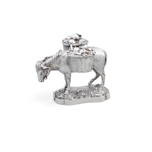 401 - A RARE VICTORIAN SILVER INK WELL IN THE FORM OF A DONKEY CARRYING BASKET PANNIERS,  By John Samuel H... 