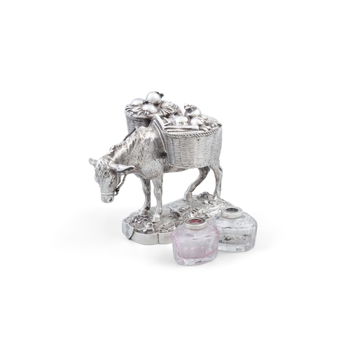 401 - A RARE VICTORIAN SILVER INK WELL IN THE FORM OF A DONKEY CARRYING BASKET PANNIERS,  By John Samuel H... 