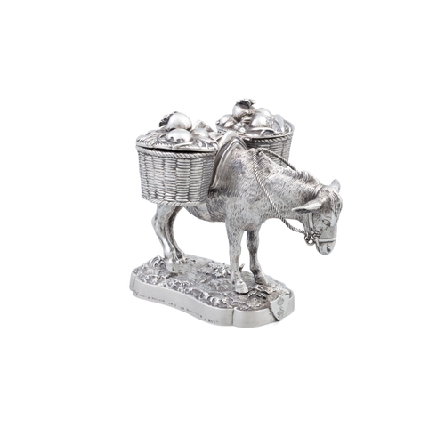 401 - A RARE VICTORIAN SILVER INK WELL IN THE FORM OF A DONKEY CARRYING BASKET PANNIERS,  By John Samuel H... 