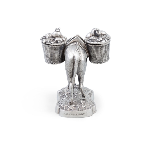 401 - A RARE VICTORIAN SILVER INK WELL IN THE FORM OF A DONKEY CARRYING BASKET PANNIERS,  By John Samuel H... 